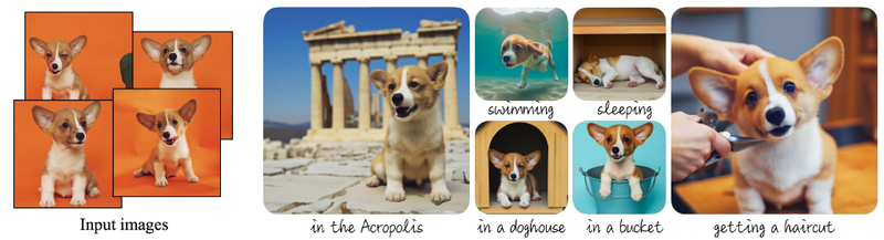 Example of image generation using Dreambooth. The training images are five pictures of a dog. The output is that same dog in situations and poses that the system has never seen. The input is text-based.